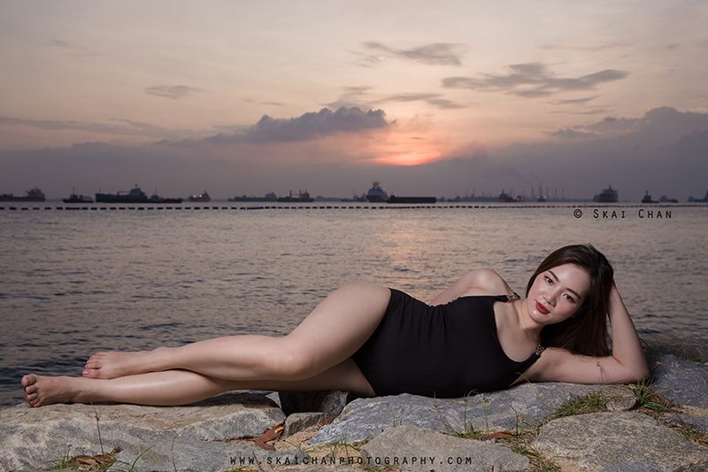 Sunset one piece swimsuit (swimwear) photoshoot with Rosy Mai Xuan at Palawan Beach (Sentosa)