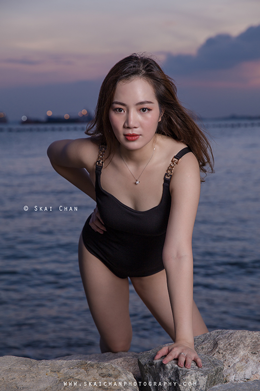 Sunset one piece swimsuit (swimwear) photoshoot with Rosy Mai Xuan at Palawan Beach (Sentosa)