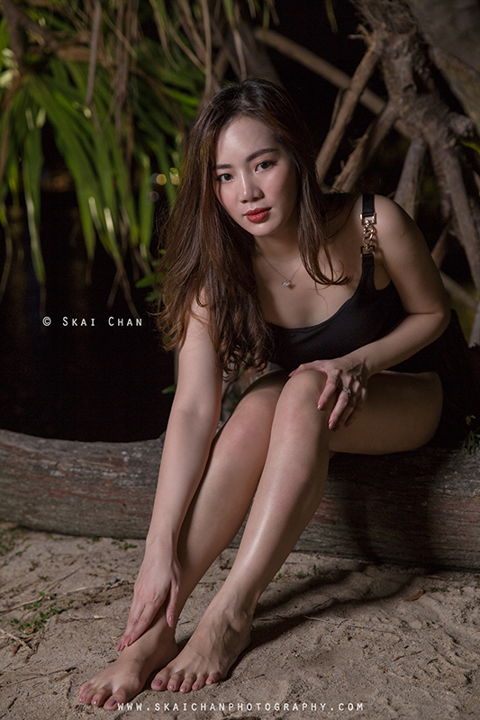 Night beach one-piece swimsuit (swimwear) photoshoot with Rosy Mai Xuan at Palawan Beach (Sentosa)