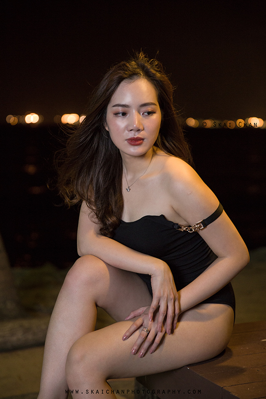 Night beach one-piece swimsuit (swimwear) photoshoot with Rosy Mai Xuan at Palawan Beach (Sentosa)