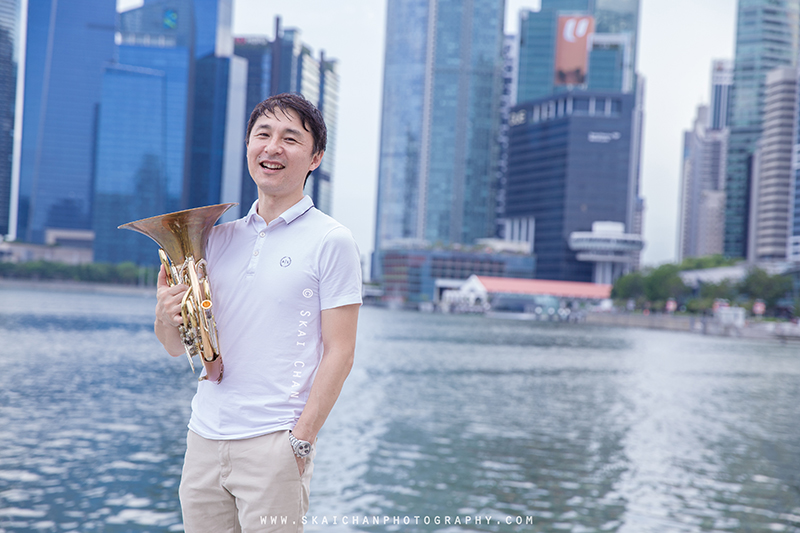 Editorial french horn portrait photoshoot with Akira Uchida at Esplanade Outdoor Theatre