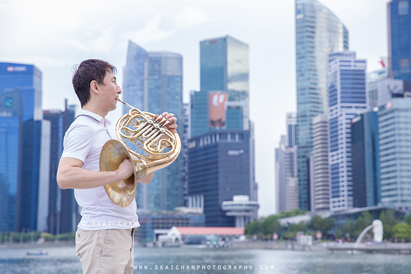 Editorial french horn portrait photoshoot with Akira Uchida at Esplanade Outdoor Theatre