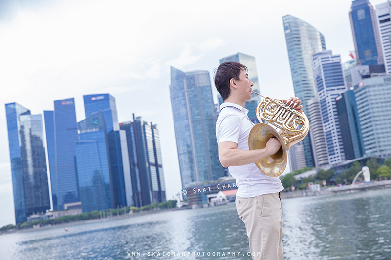 Editorial french horn portrait photoshoot with Akira Uchida at Esplanade Outdoor Theatre