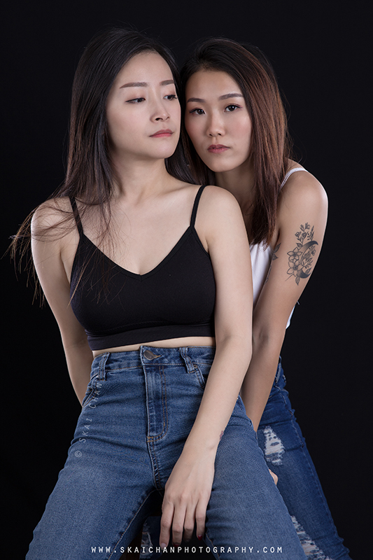 Edgy friends / sisters themed photoshoot with Huiqing and Jasmine Tan at Tanjong Pagar (photography studio)