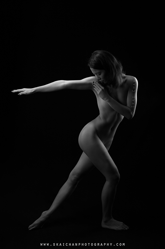 Black and white implied nude art yoga photoshoot with Cheryl Alicia Chua at Tanjong Pagar (photography studio)