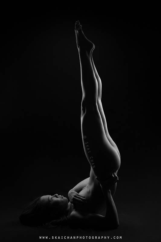 Black and white implied nude art yoga photoshoot with Cheryl Alicia Chua at Tanjong Pagar (photography studio)