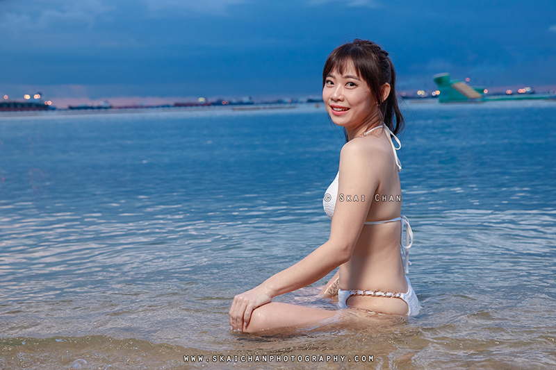 Sunset beach bikini fashion photoshoot with Kai Ling at Palawan Beach (Sentosa)