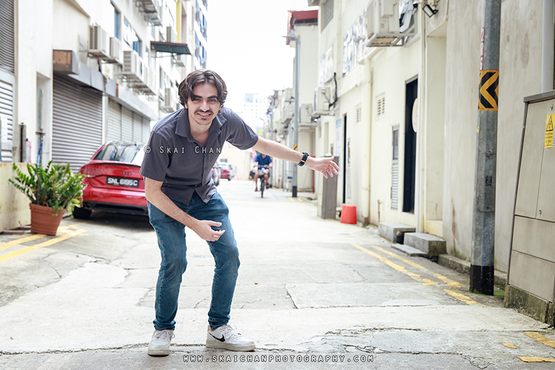 Men's street fashion photoshoot with Zaid at back alley