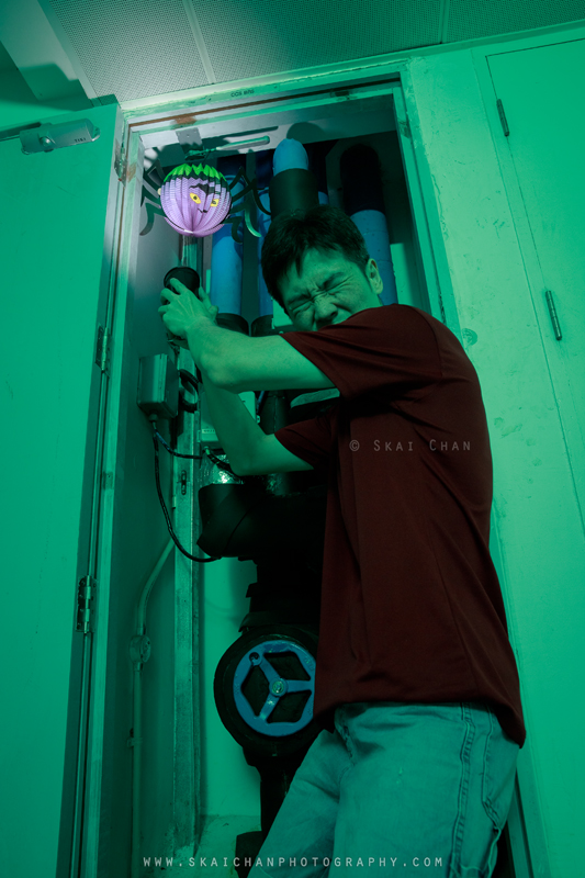 Skai confronting the Halloween bat inside the Tengah CCS riser with a flash, representing his ongoing struggle