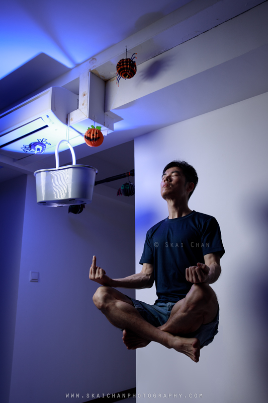 Skai levitating with eyes closed in a staged meditation self-portrait, symbolising his search for peace of mind