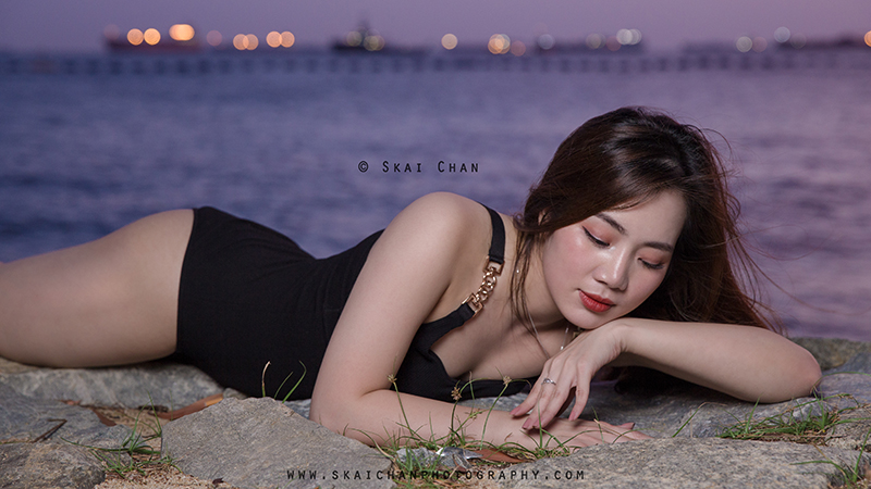 Sunset one piece swimsuit (swimwear) photoshoot with Rosy Mai Xuan at Palawan Beach (Sentosa)