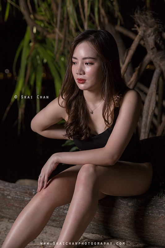 Night beach one-piece swimsuit (swimwear) photoshoot with Rosy Mai Xuan at Palawan Beach (Sentosa)