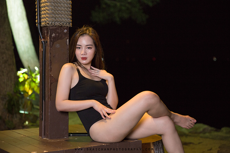 Night beach one-piece swimsuit (swimwear) photoshoot with Rosy Mai Xuan at Palawan Beach (Sentosa)