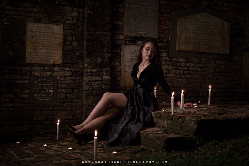 Dark Halloween themed candles photoshoot with Ivy Tan at Fort Canning Park