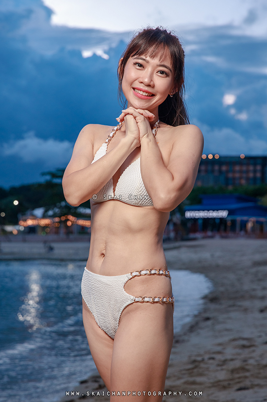 Sunset beach bikini fashion photoshoot with Kai Ling at Palawan Beach (Sentosa)